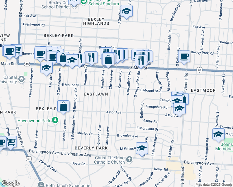 map of restaurants, bars, coffee shops, grocery stores, and more near 793 Kenwick Road in Columbus