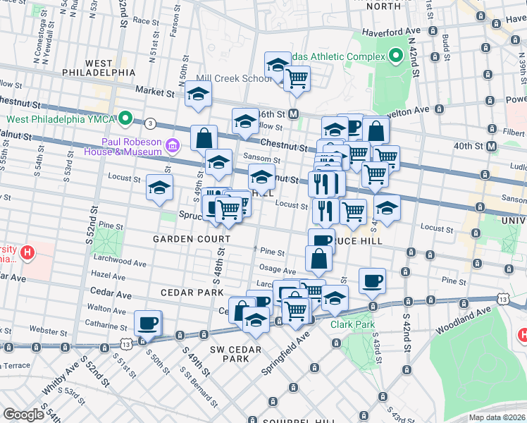 map of restaurants, bars, coffee shops, grocery stores, and more near 241 South 47th Street in Philadelphia