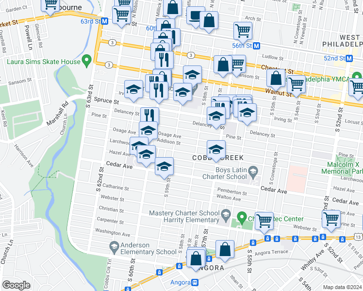map of restaurants, bars, coffee shops, grocery stores, and more near 5844 Addison Street in Philadelphia