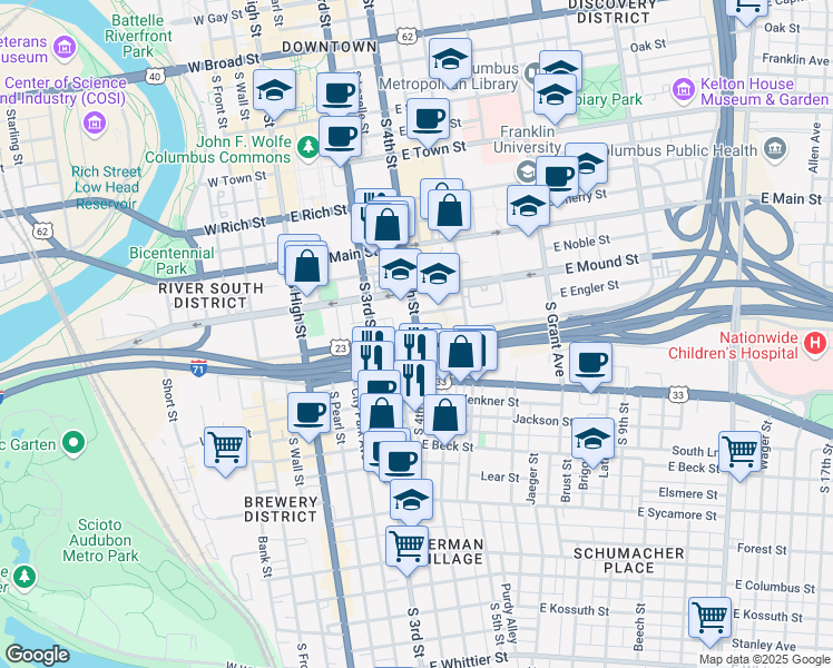 map of restaurants, bars, coffee shops, grocery stores, and more near S 4th St & E Fulton St in Columbus