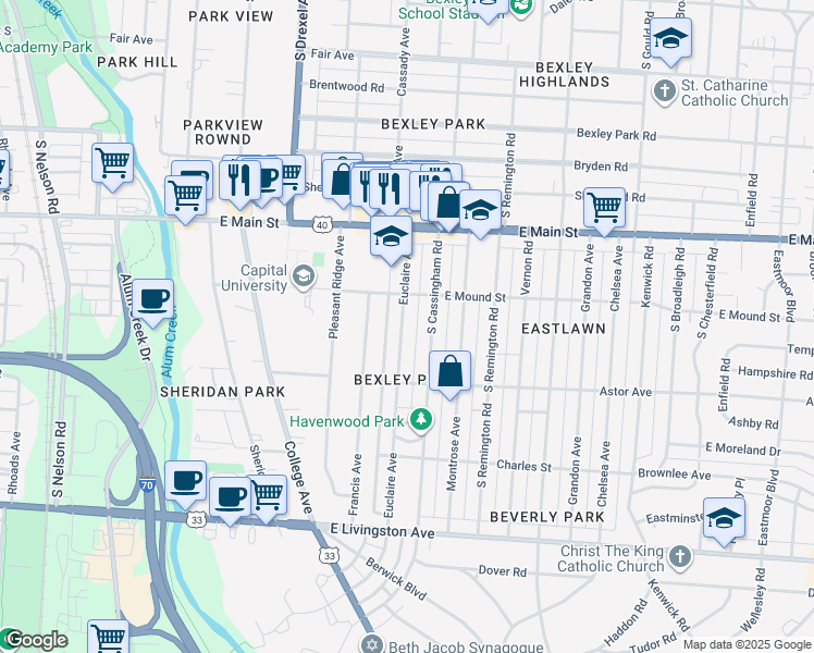 map of restaurants, bars, coffee shops, grocery stores, and more near 744 Euclaire Avenue in Columbus