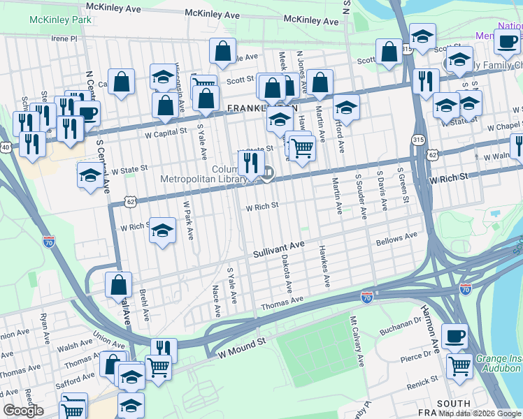 map of restaurants, bars, coffee shops, grocery stores, and more near 234 South Cypress Avenue in Columbus