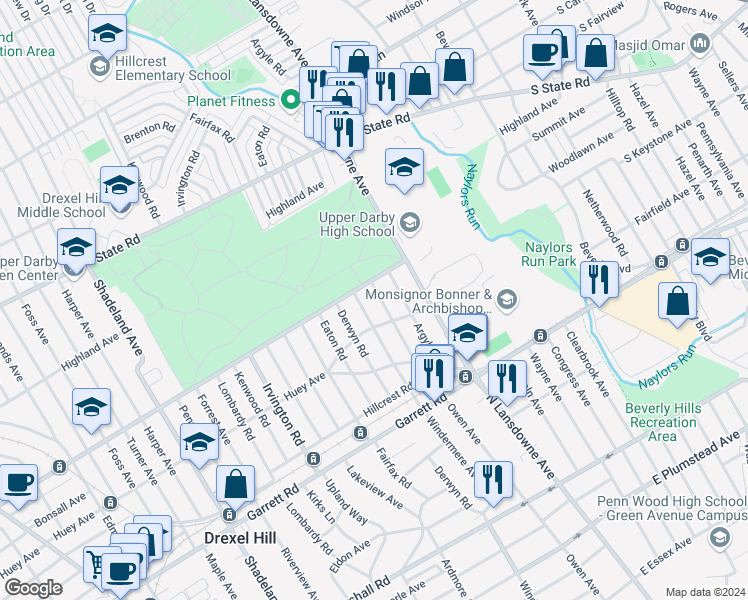 map of restaurants, bars, coffee shops, grocery stores, and more near 522 Brookfield Road in Upper Darby