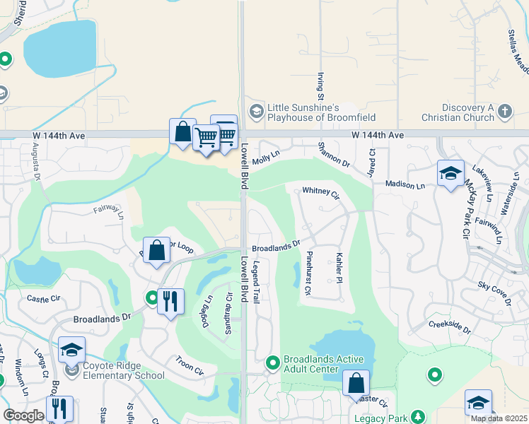 map of restaurants, bars, coffee shops, grocery stores, and more near 14156 Sun Blaze Loop in Broomfield