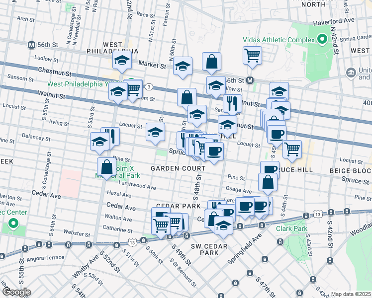 map of restaurants, bars, coffee shops, grocery stores, and more near 4801 Spruce Street in Philadelphia