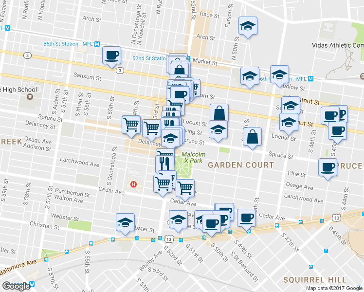 map of restaurants, bars, coffee shops, grocery stores, and more near 5139 Delancey Street in Philadelphia