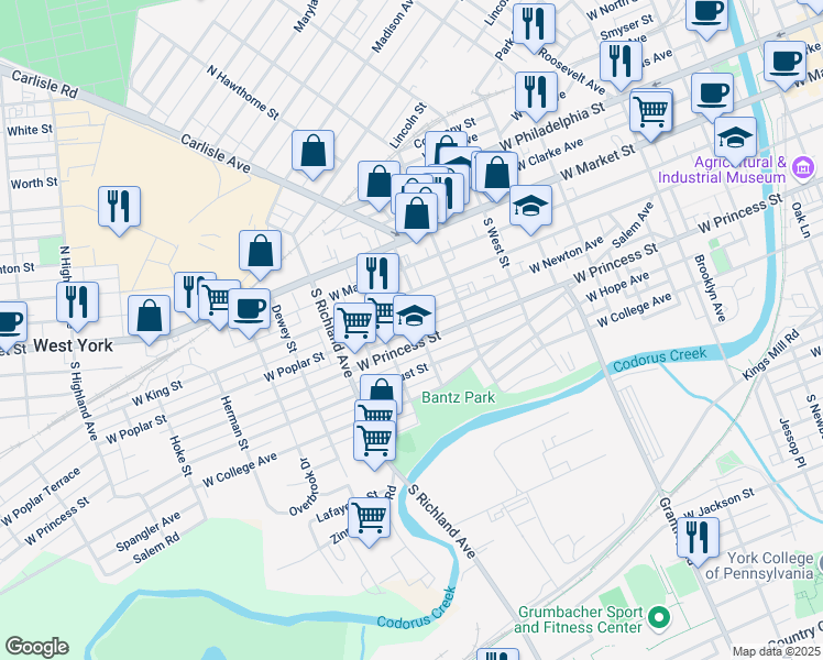 map of restaurants, bars, coffee shops, grocery stores, and more near 806 School Place in York