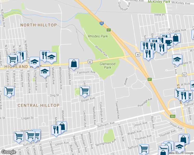 map of restaurants, bars, coffee shops, grocery stores, and more near 1889 Fairmont Avenue in Columbus
