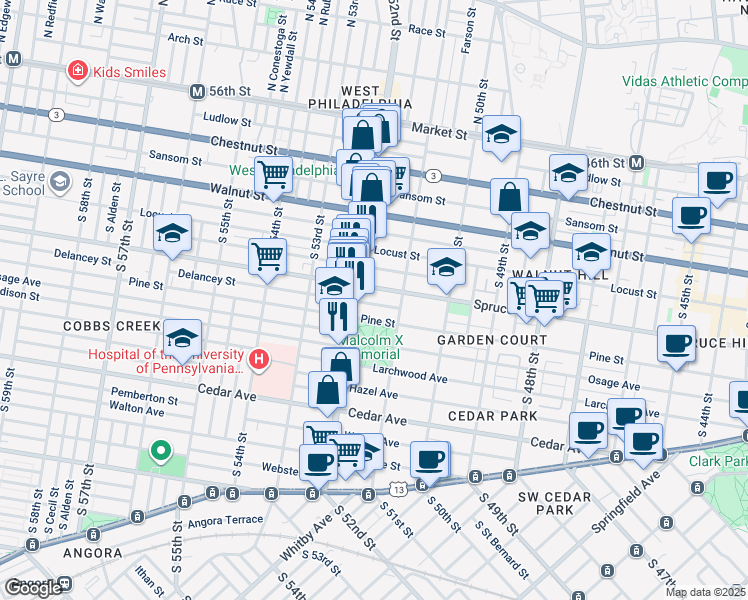 map of restaurants, bars, coffee shops, grocery stores, and more near 5137 Delancey Street in Philadelphia