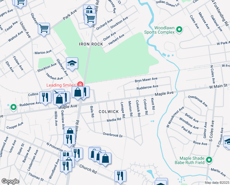 map of restaurants, bars, coffee shops, grocery stores, and more near 8223 Bryn Mawr Avenue in Pennsauken