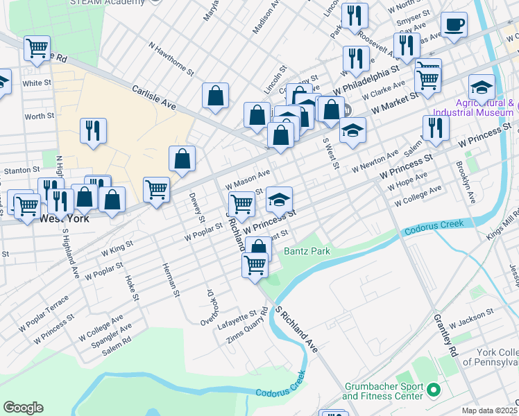 map of restaurants, bars, coffee shops, grocery stores, and more near 869 West Poplar Street in York
