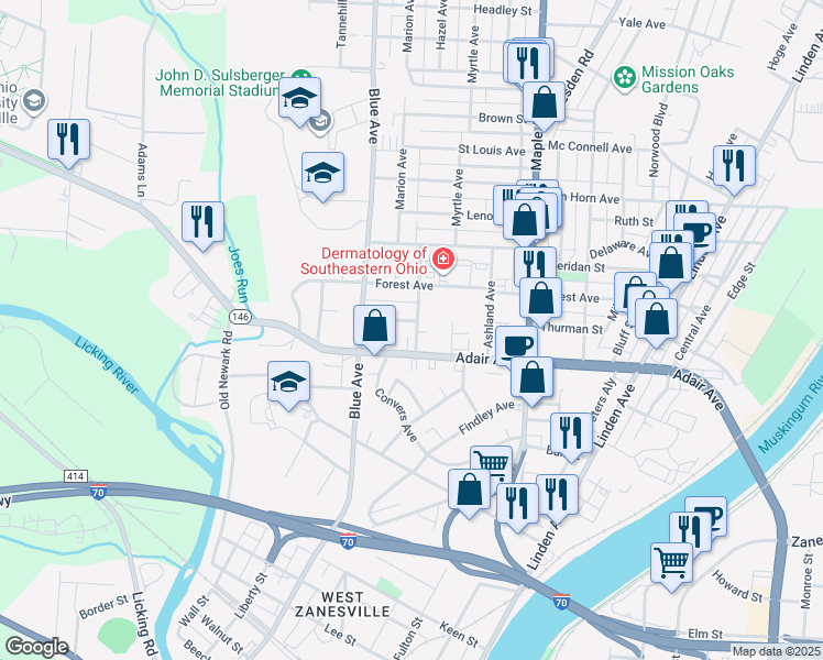 map of restaurants, bars, coffee shops, grocery stores, and more near 908 Laurel Avenue in Zanesville