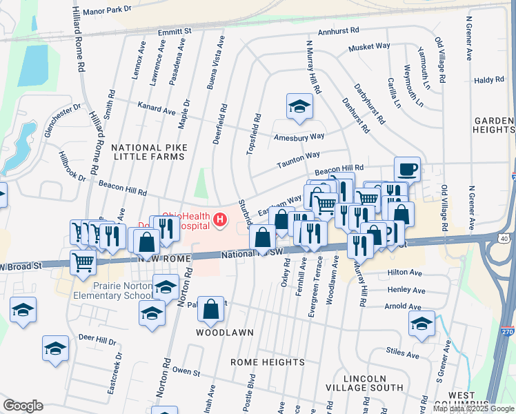 map of restaurants, bars, coffee shops, grocery stores, and more near 5020 Eastham Way in Columbus
