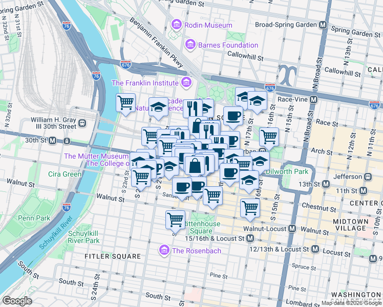 map of restaurants, bars, coffee shops, grocery stores, and more near 1900 Market Street in Philadelphia