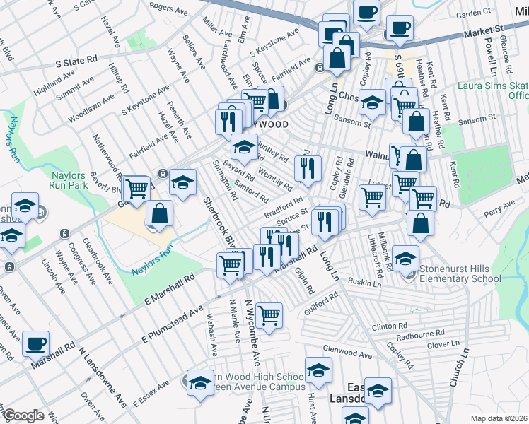 map of restaurants, bars, coffee shops, grocery stores, and more near 7253 Bradford Road in Delaware County