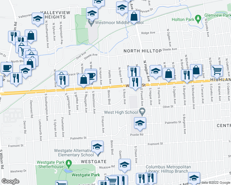 map of restaurants, bars, coffee shops, grocery stores, and more near 2939 West Broad Street in Columbus
