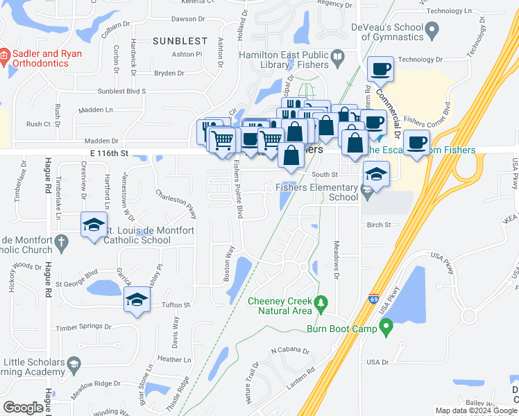 map of restaurants, bars, coffee shops, grocery stores, and more near 11470 Enclave Boulevard in Fishers