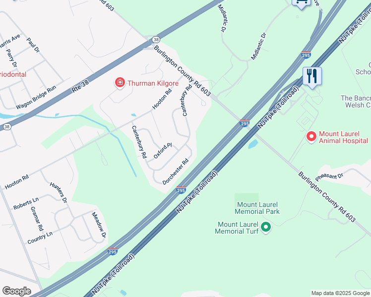 map of restaurants, bars, coffee shops, grocery stores, and more near 142 Canterbury Road in Mount Laurel Township