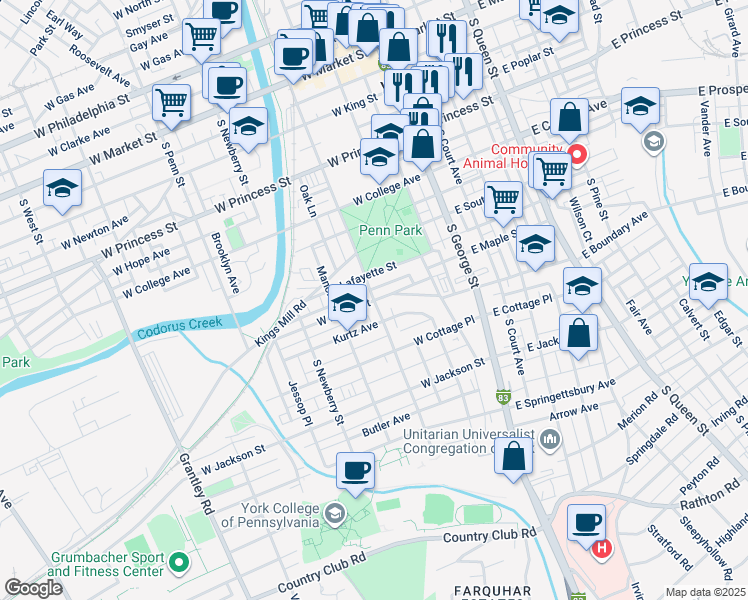 map of restaurants, bars, coffee shops, grocery stores, and more near 201 West Maple Street in York