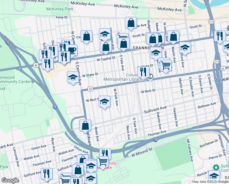 map of restaurants, bars, coffee shops, grocery stores, and more near 203 West Park Avenue in Columbus