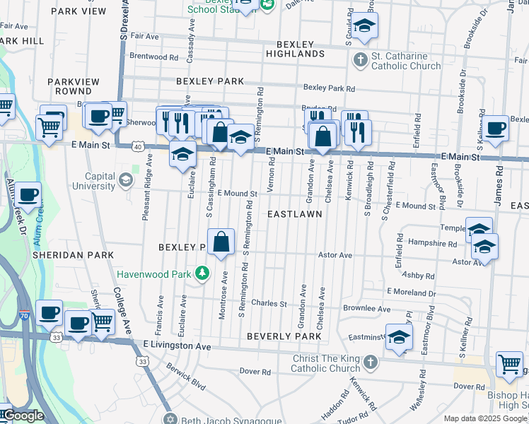 map of restaurants, bars, coffee shops, grocery stores, and more near 765 Vernon Road in Columbus