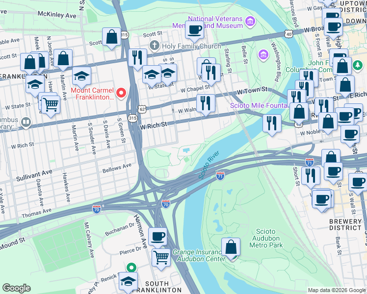map of restaurants, bars, coffee shops, grocery stores, and more near 545 Sullivant Avenue in Columbus