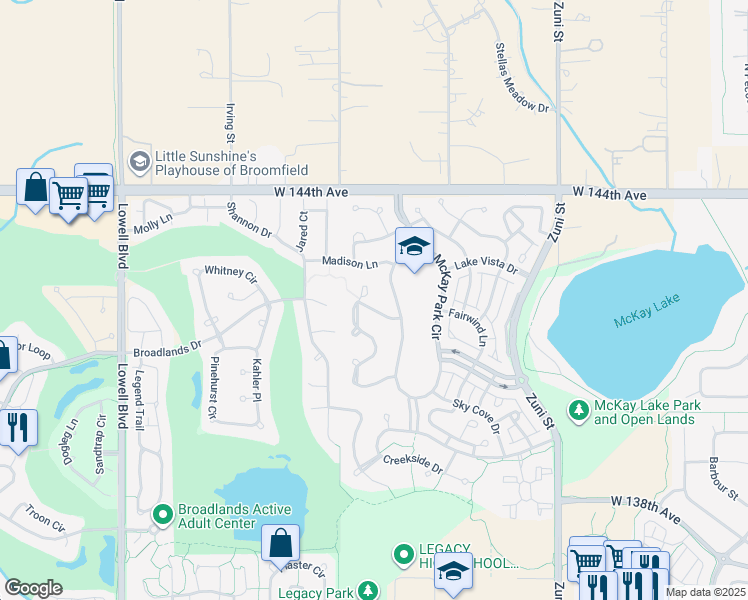 map of restaurants, bars, coffee shops, grocery stores, and more near 14044 Park Cove Drive in Broomfield