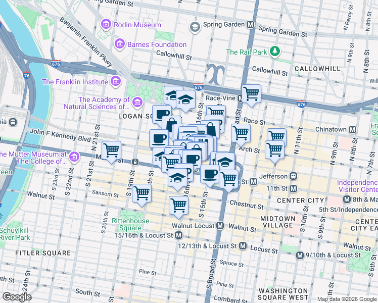 map of restaurants, bars, coffee shops, grocery stores, and more near 1617 John F Kennedy Boulevard in Philadelphia