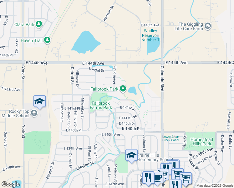 map of restaurants, bars, coffee shops, grocery stores, and more near 3578 East 142nd Drive in Thornton