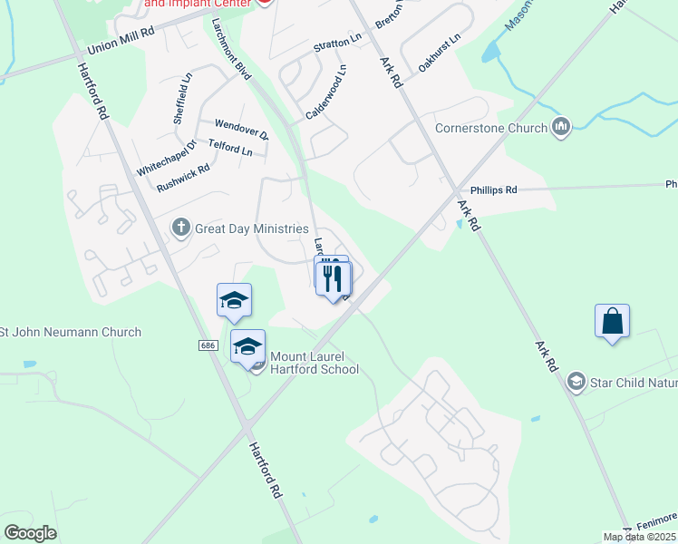 map of restaurants, bars, coffee shops, grocery stores, and more near 1800 Ralston Drive in Mount Laurel Township