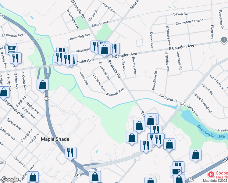 map of restaurants, bars, coffee shops, grocery stores, and more near 101 Winthrop Avenue in Moorestown
