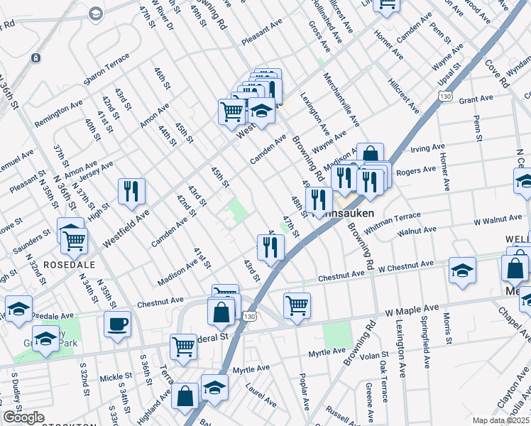 map of restaurants, bars, coffee shops, grocery stores, and more near 2401 46th Street in Pennsauken Township