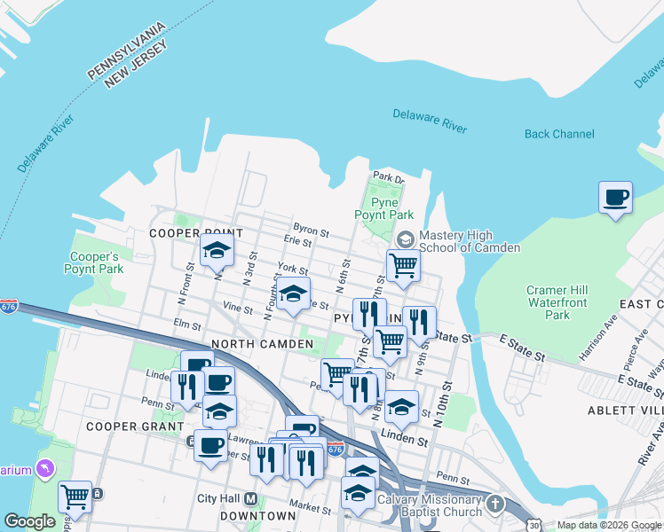 map of restaurants, bars, coffee shops, grocery stores, and more near 550 Bailey Street in Camden
