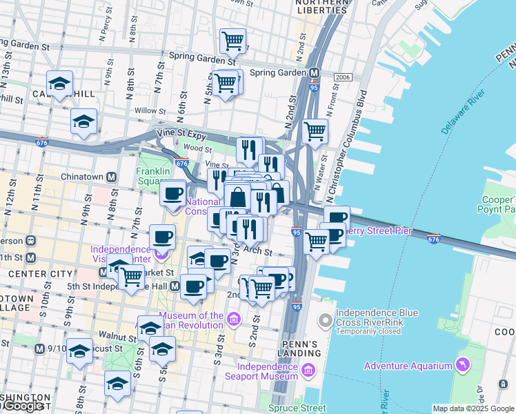 map of restaurants, bars, coffee shops, grocery stores, and more near 225 Race Street in Philadelphia