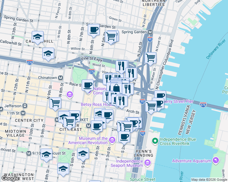 map of restaurants, bars, coffee shops, grocery stores, and more near 312 Race Street in Philadelphia