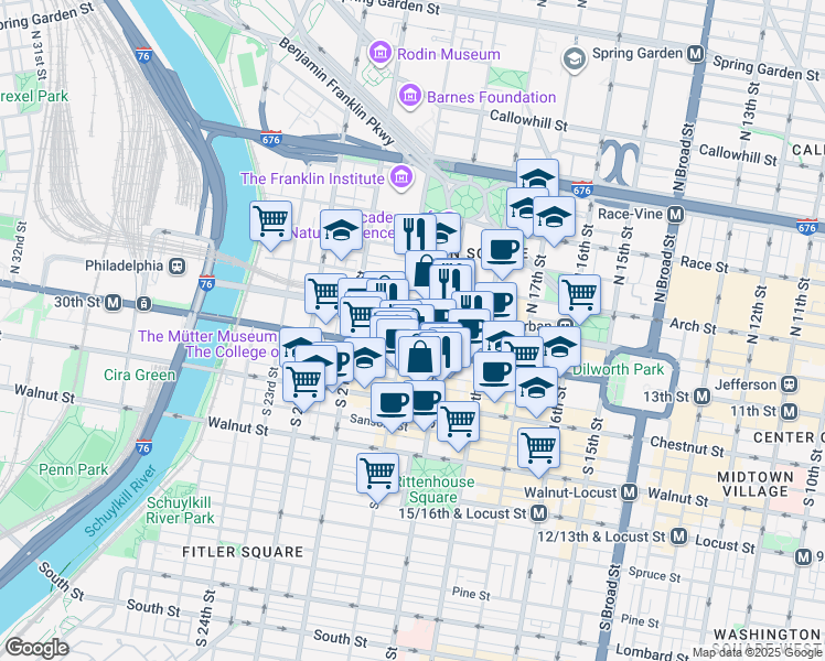 map of restaurants, bars, coffee shops, grocery stores, and more near 1919 Market Street in Philadelphia