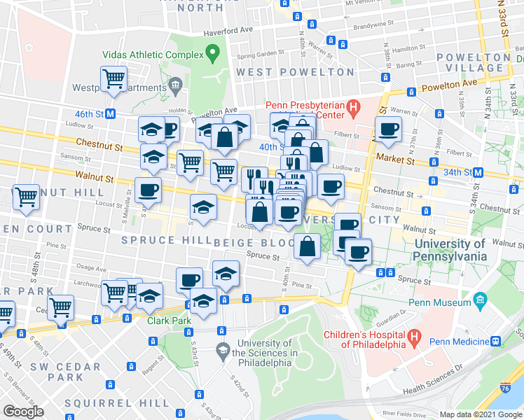 map of restaurants, bars, coffee shops, grocery stores, and more near 4028 Walnut Street in Philadelphia
