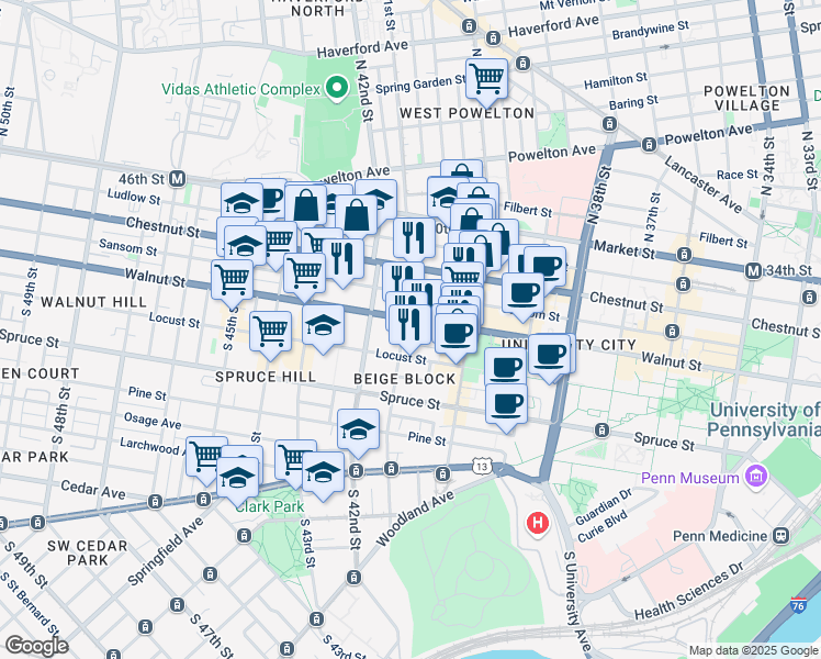 map of restaurants, bars, coffee shops, grocery stores, and more near 4100 Walnut Street in Philadelphia