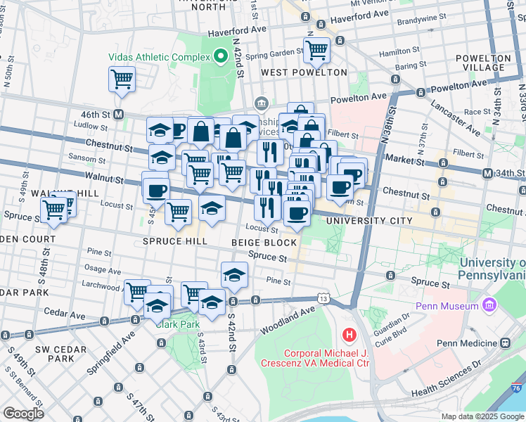 map of restaurants, bars, coffee shops, grocery stores, and more near 223 South 41st Street in Philadelphia