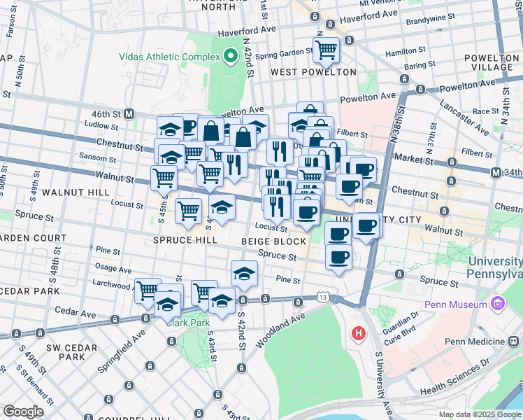 map of restaurants, bars, coffee shops, grocery stores, and more near 223 South 41st Street in Philadelphia