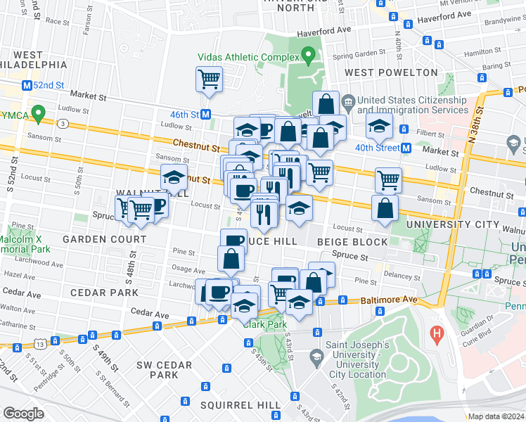 map of restaurants, bars, coffee shops, grocery stores, and more near in Philadelphia