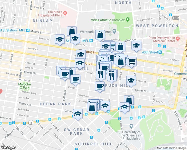 map of restaurants, bars, coffee shops, grocery stores, and more near 4520 Locust Street in Philadelphia