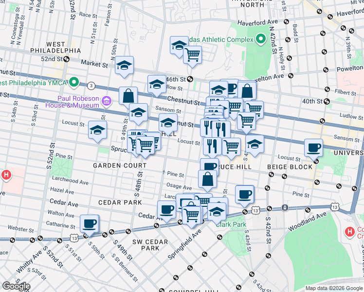 map of restaurants, bars, coffee shops, grocery stores, and more near in Philadelphia
