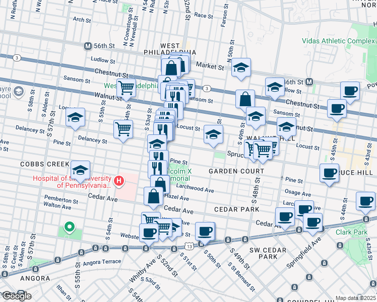 map of restaurants, bars, coffee shops, grocery stores, and more near 5127 Delancey Street in Philadelphia