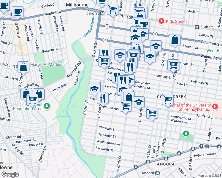 map of restaurants, bars, coffee shops, grocery stores, and more near 6122 Larchwood Avenue in Philadelphia