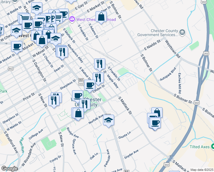 map of restaurants, bars, coffee shops, grocery stores, and more near 118 Linden Street in West Chester