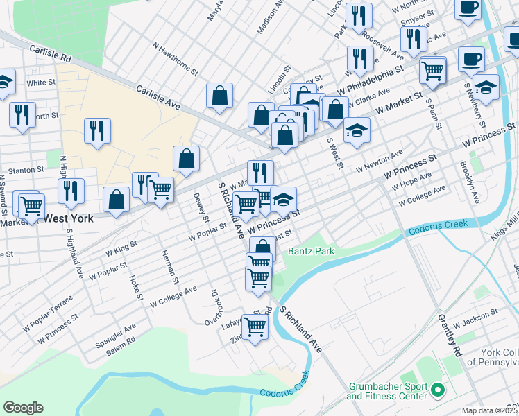 map of restaurants, bars, coffee shops, grocery stores, and more near 915 West Poplar Street in York