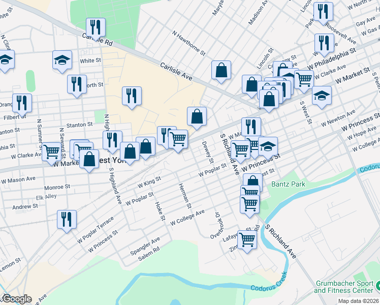 map of restaurants, bars, coffee shops, grocery stores, and more near 25 Overbrook Avenue in West York