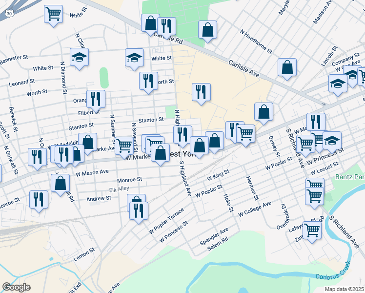 map of restaurants, bars, coffee shops, grocery stores, and more near in West York