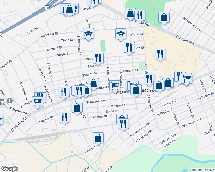 map of restaurants, bars, coffee shops, grocery stores, and more near 24 North Sumner Street in West York